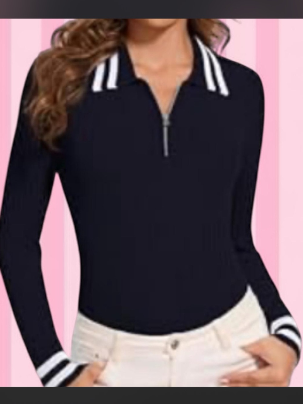 Striped-Collar Navy Long-Sleeve Polo Top